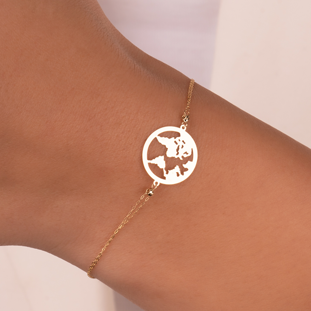 Dünya Motifli 14 Ayar Altın Minimal Bileklik