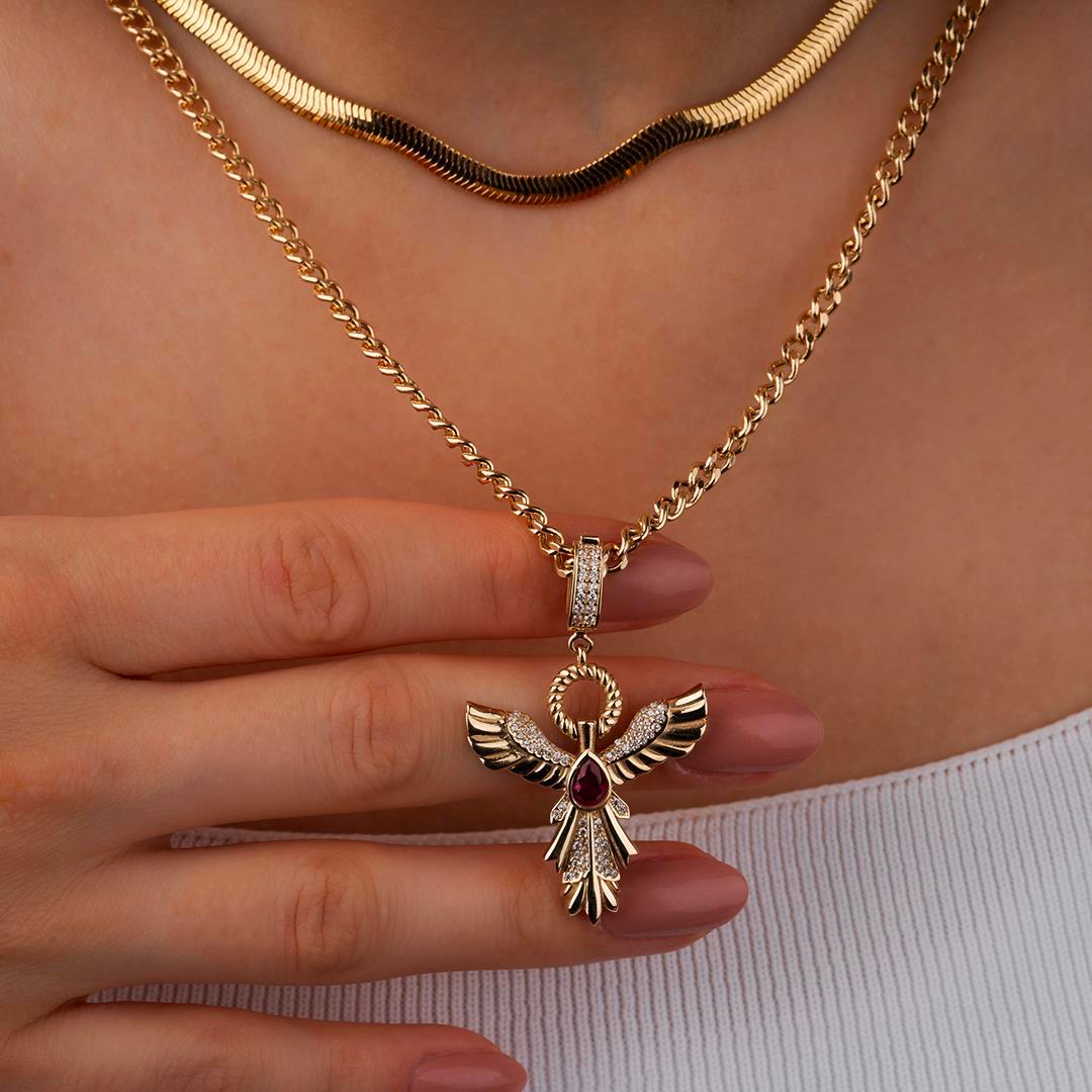 Kırmızı Taşlı Anka Kuşu Klipsli 14 Ayar Kolye Ucu 4 Cm