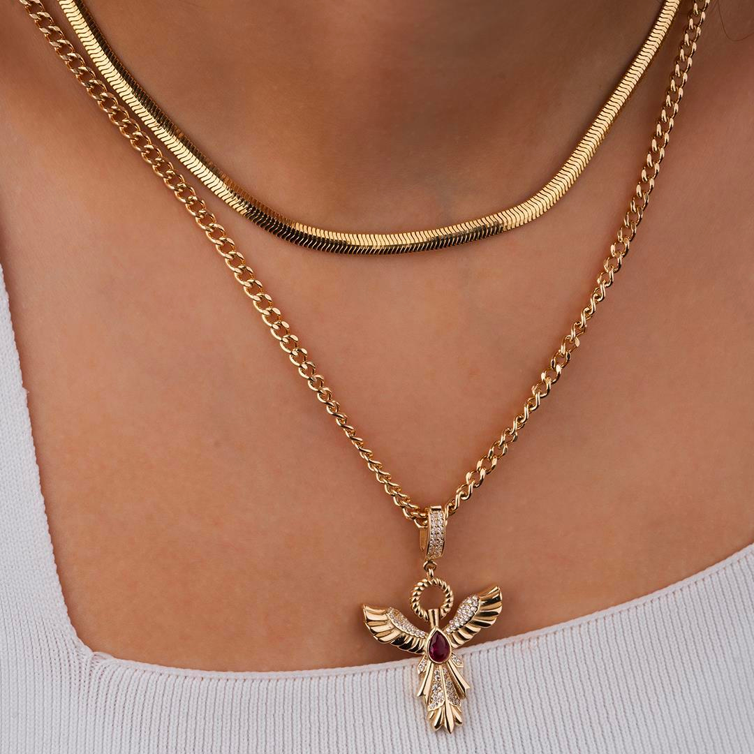 Kırmızı Taşlı Anka Kuşu Klipsli 14 Ayar Kolye Ucu 4 Cm