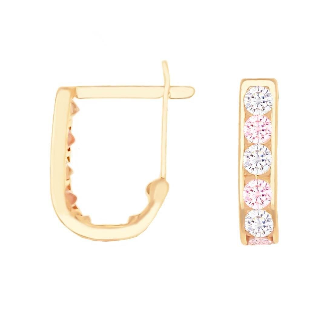 Klasik Pembe Beyaz Taşlı Klips Kilitli Çocuk Küpe 14 Ayar Altın