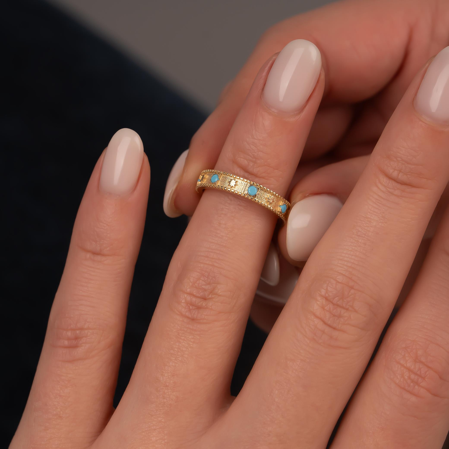 Mavi Taşlı Yıldızlı 14 Ayar Altın Yüzük