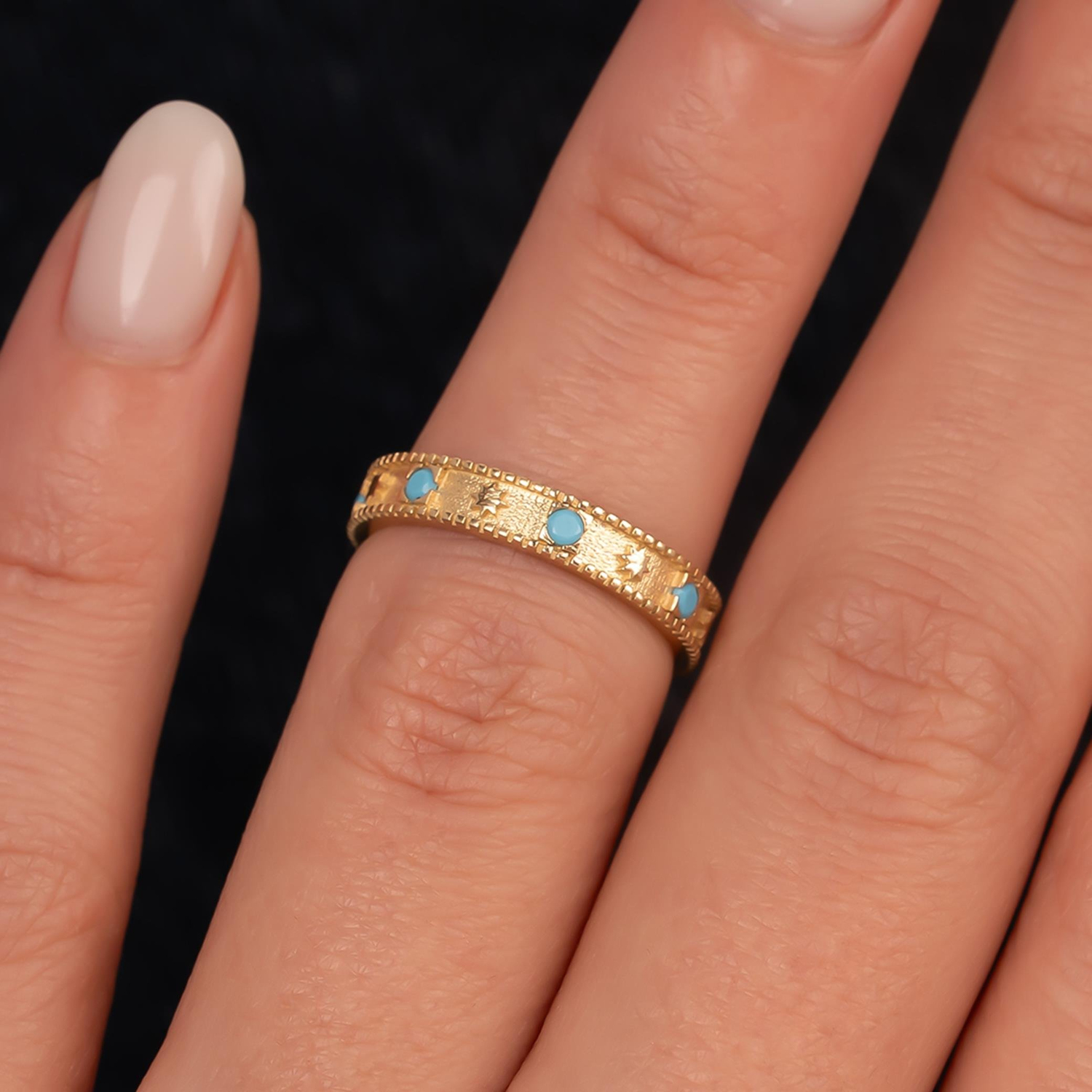 Mavi Taşlı Yıldızlı 14 Ayar Altın Yüzük