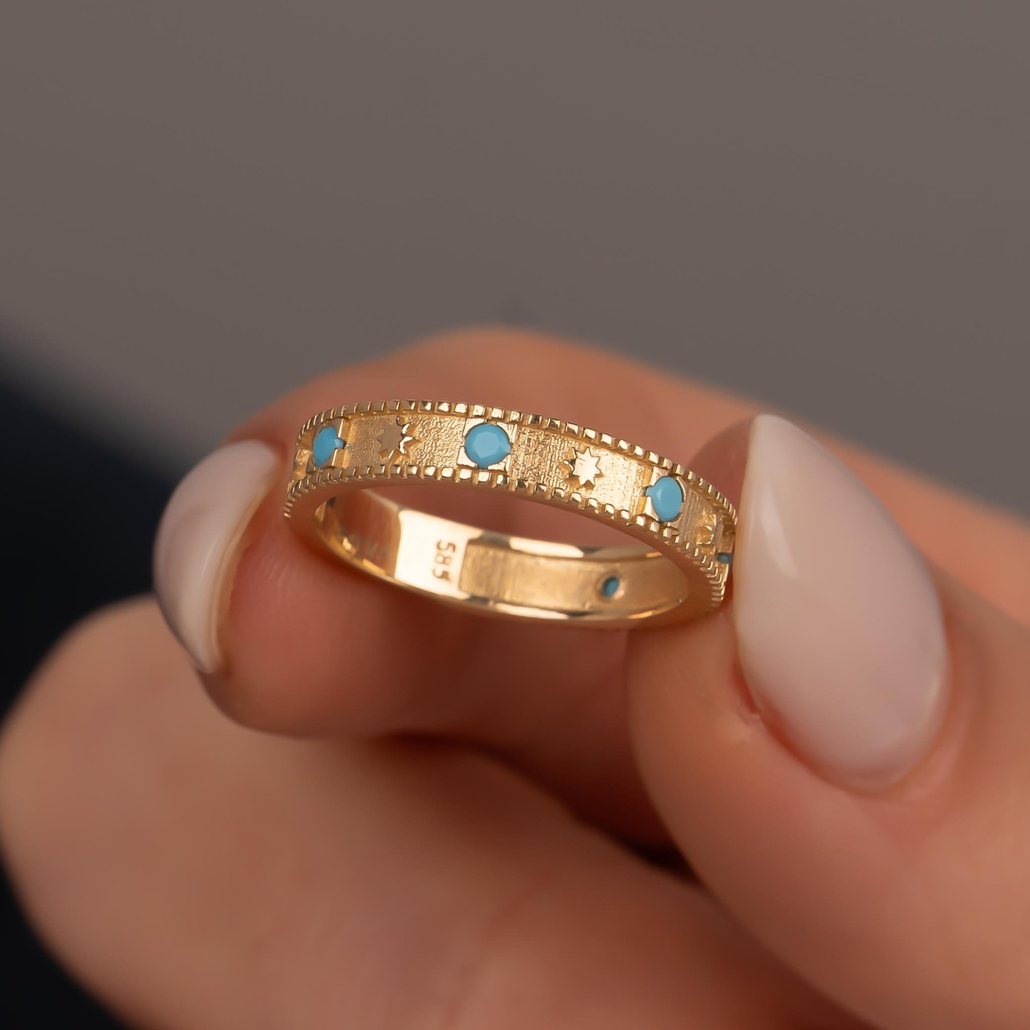 Mavi Taşlı Yıldızlı 14 Ayar Altın Yüzük