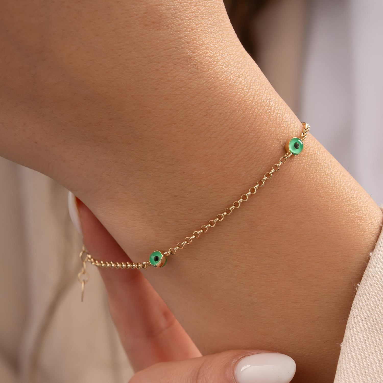 Yeşil Nazar Boncuklu  Altın Bileklik 14 Ayar