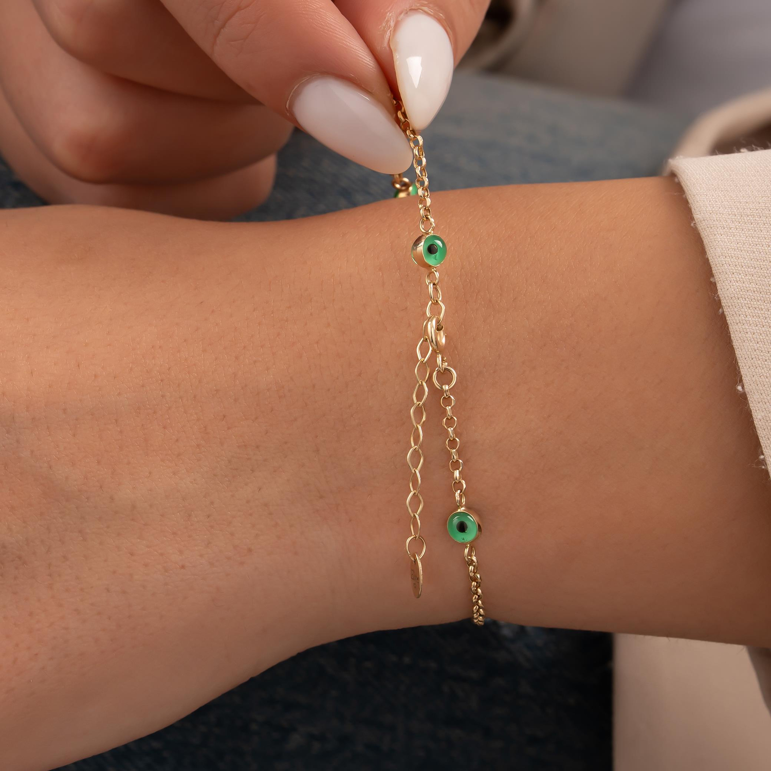 Yeşil Nazar Boncuklu  Altın Bileklik 14 Ayar