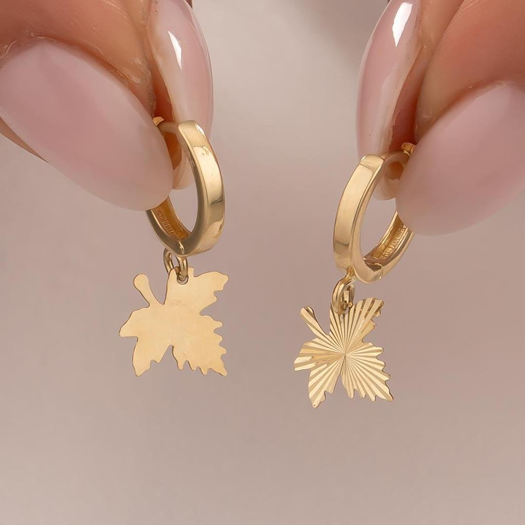 Sallantılı Çınar Yaprağı Küpe 14 Ayar Altın