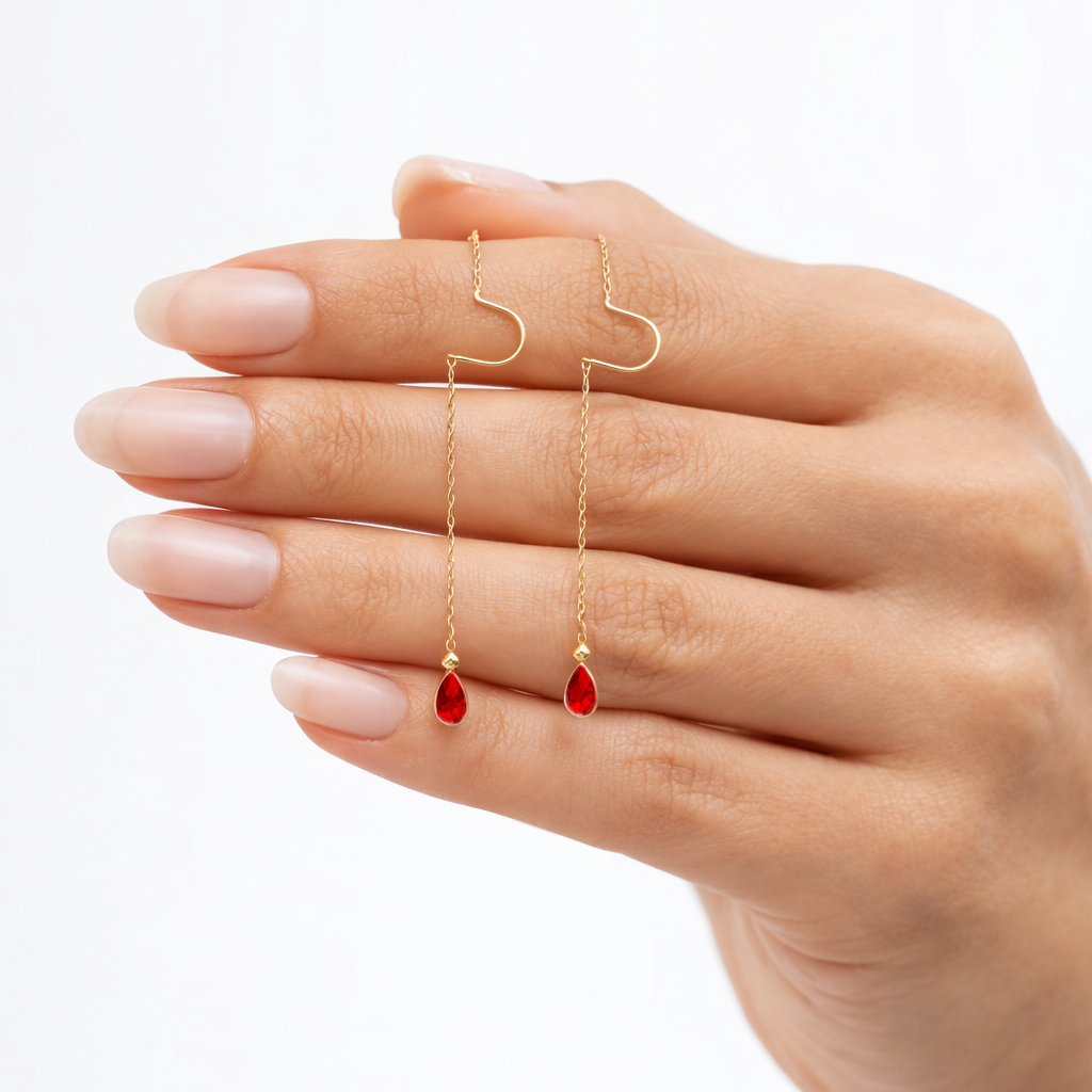 Sallantılı Kırmızı Taşlı Küpe 14 Ayar Altın