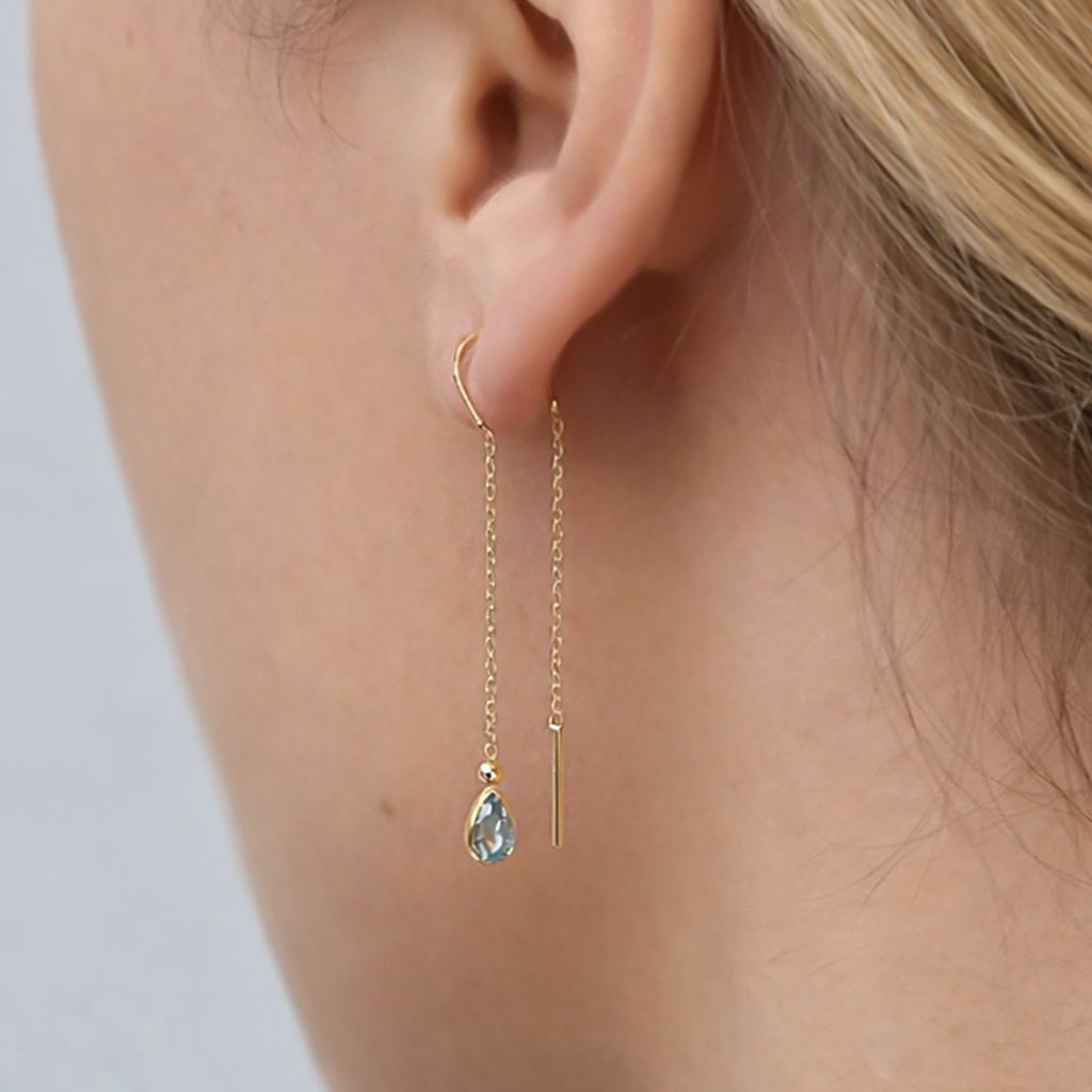 Sallantılı Mavi Taşlı Küpe 14 Ayar Altın