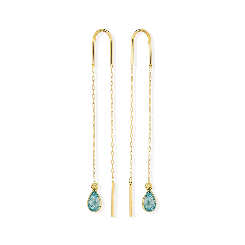 Sallantılı Mavi Taşlı Küpe 14 Ayar Altın