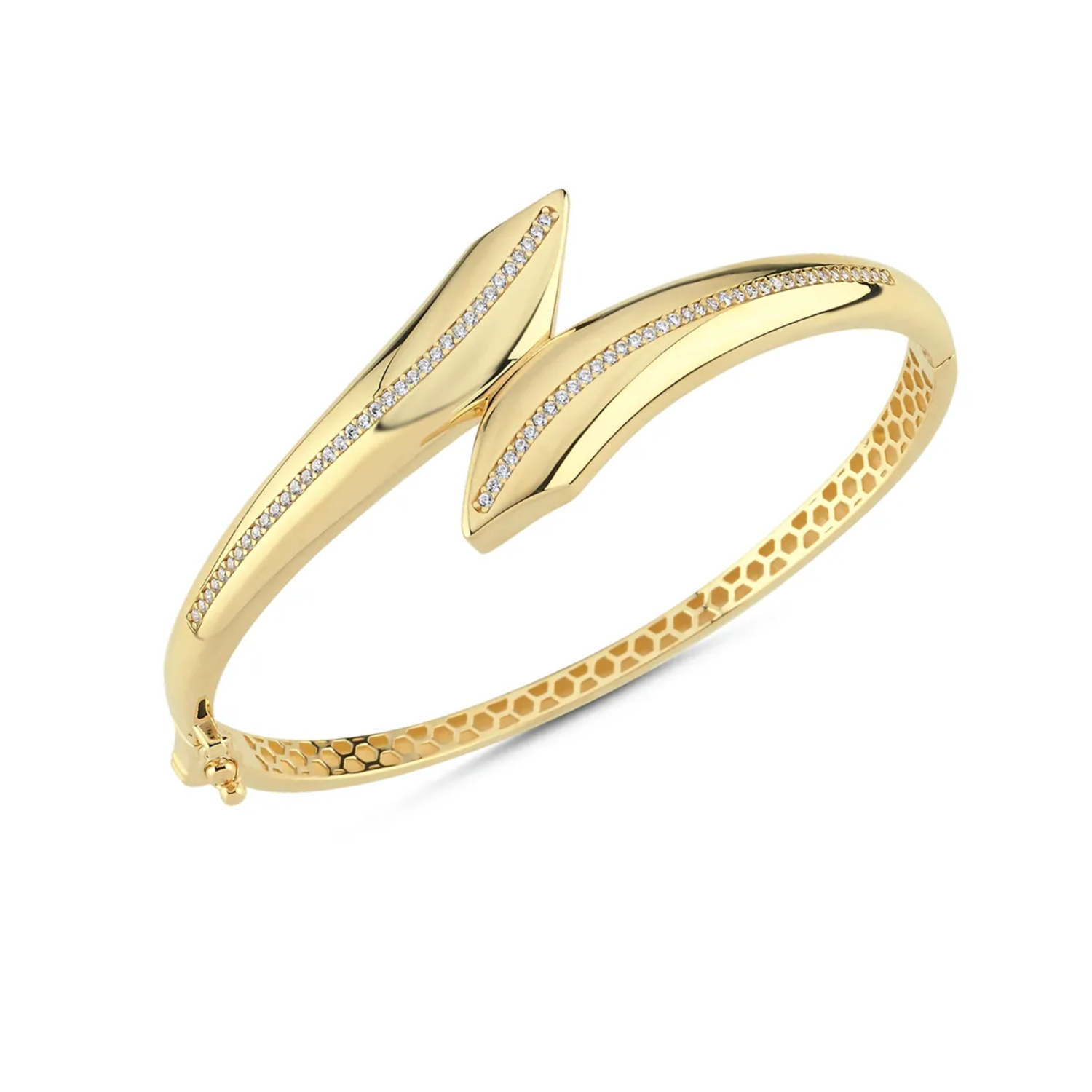 Taşlı Çapraz Tasarım 14 Ayar Altın Kelepçe