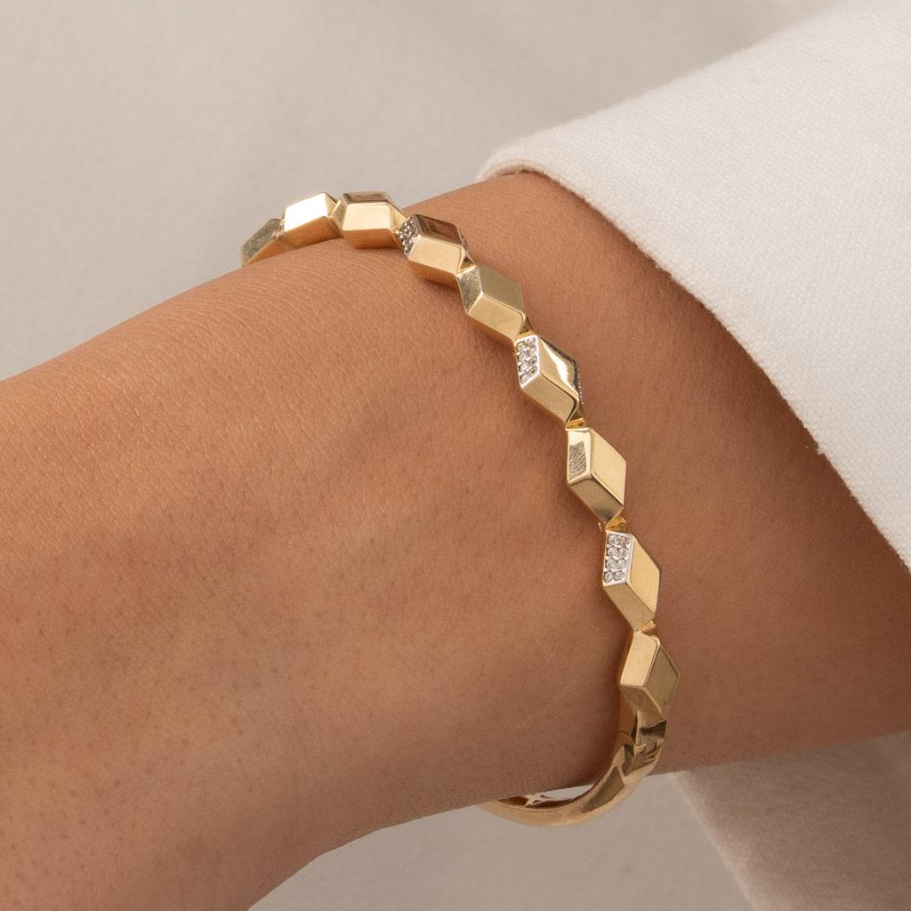 Taşlı Geometrik Model 14 Ayar Altın Kelepçe