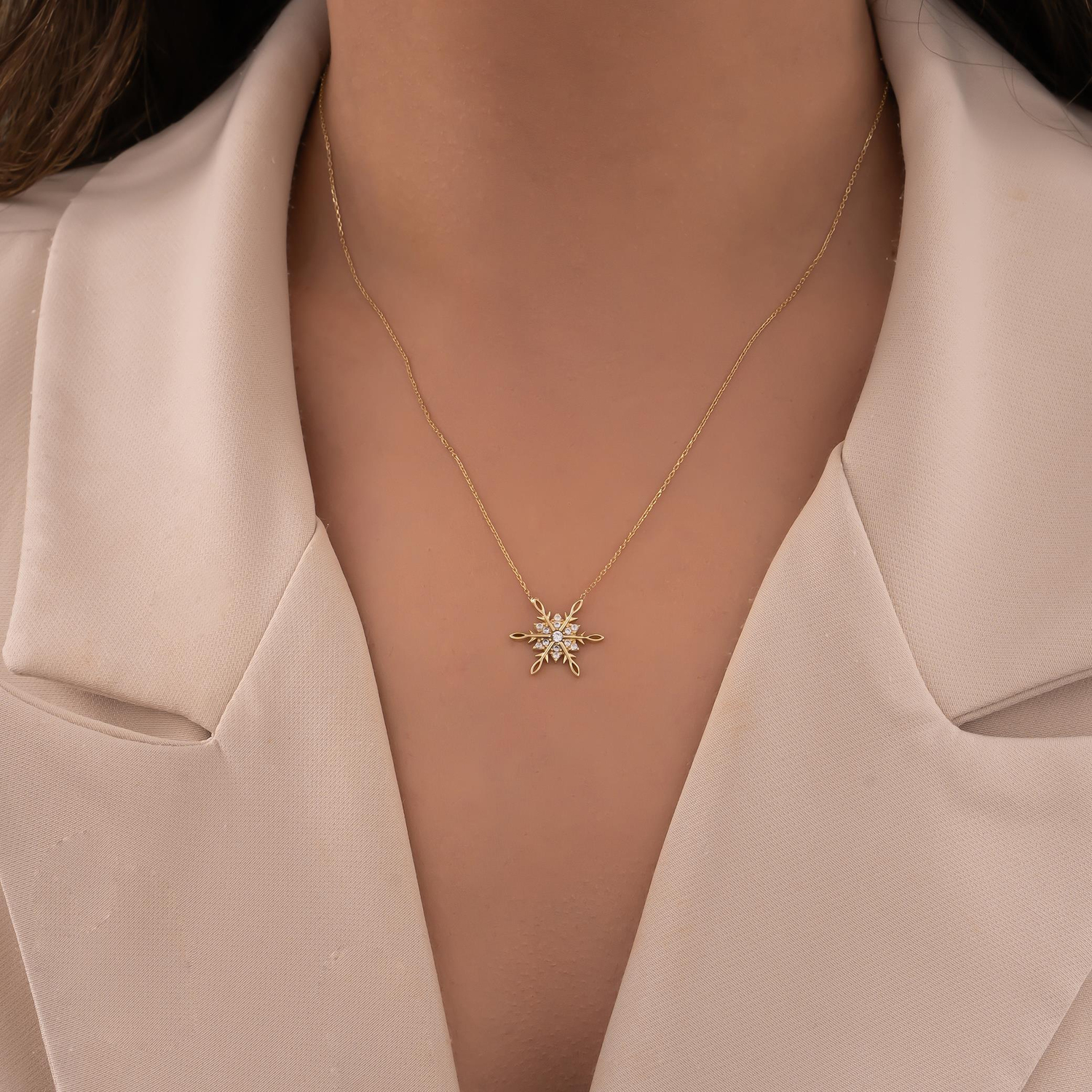 Taşlı Kar Tanesi 14 Ayar Altın Kolye