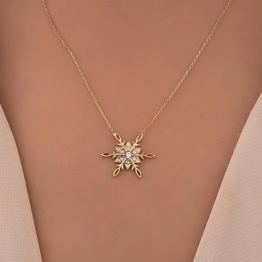 Taşlı Kar Tanesi 14 Ayar Altın Kolye