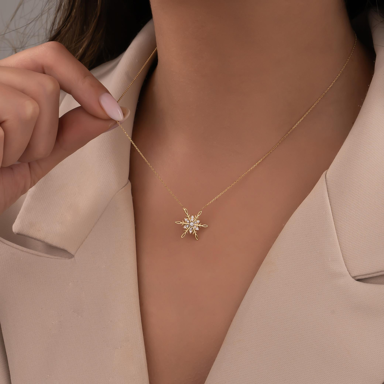 Taşlı Kar Tanesi 14 Ayar Altın Kolye