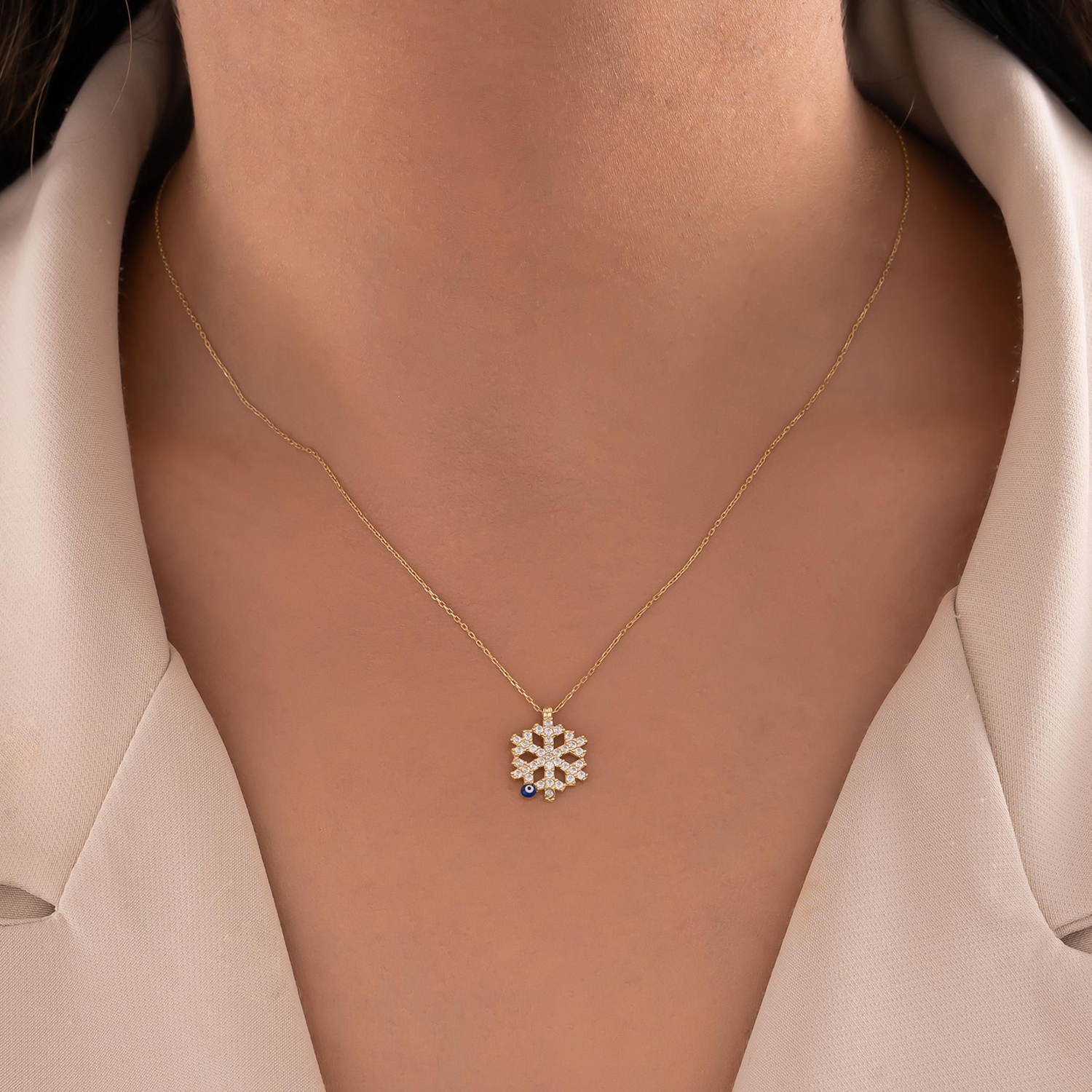 Taşlı Kar Tanesi 14 Ayar Altın Kolye