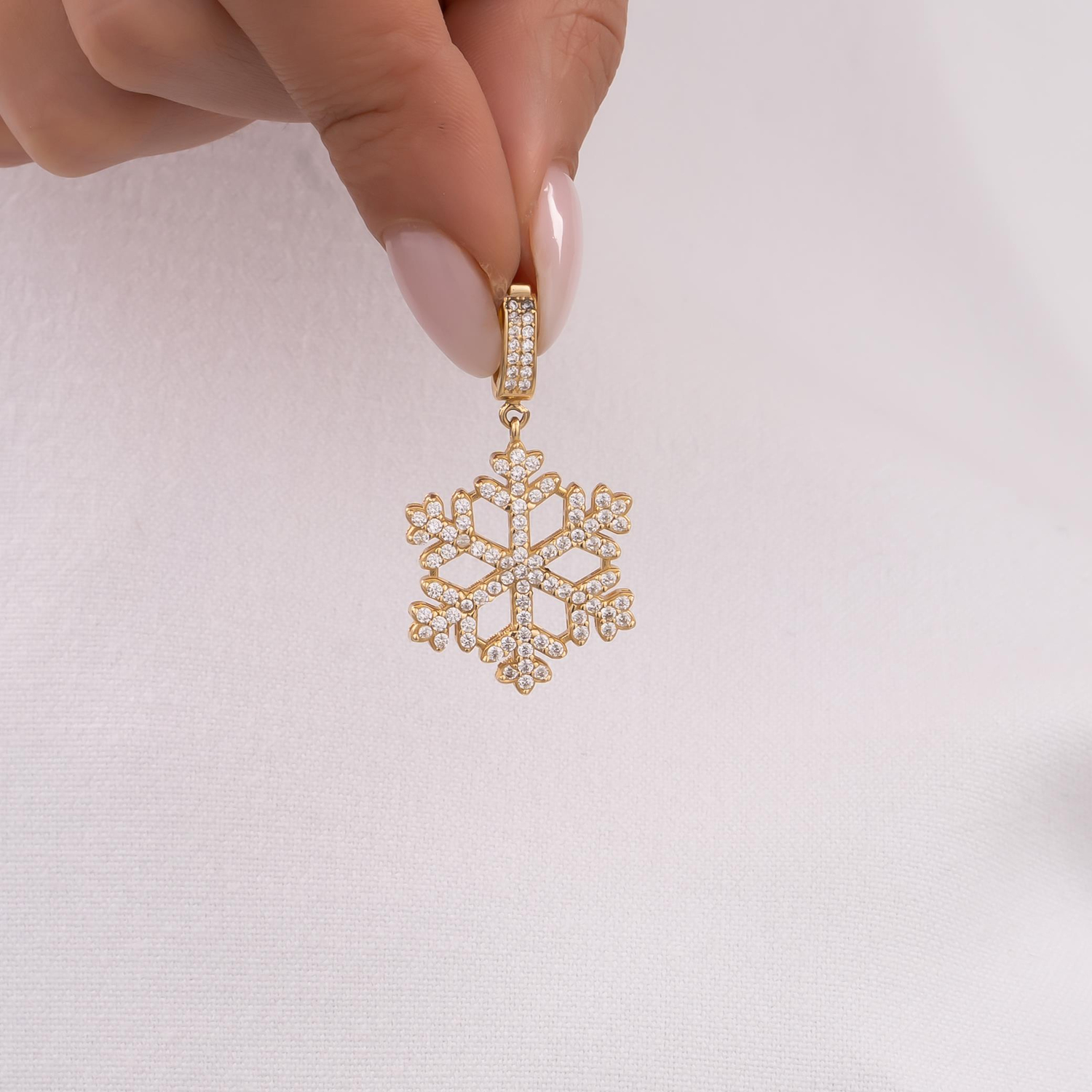 Taşlı Kar Tanesi Klipsli 14 Ayar Kolye Ucu 3,5 Cm