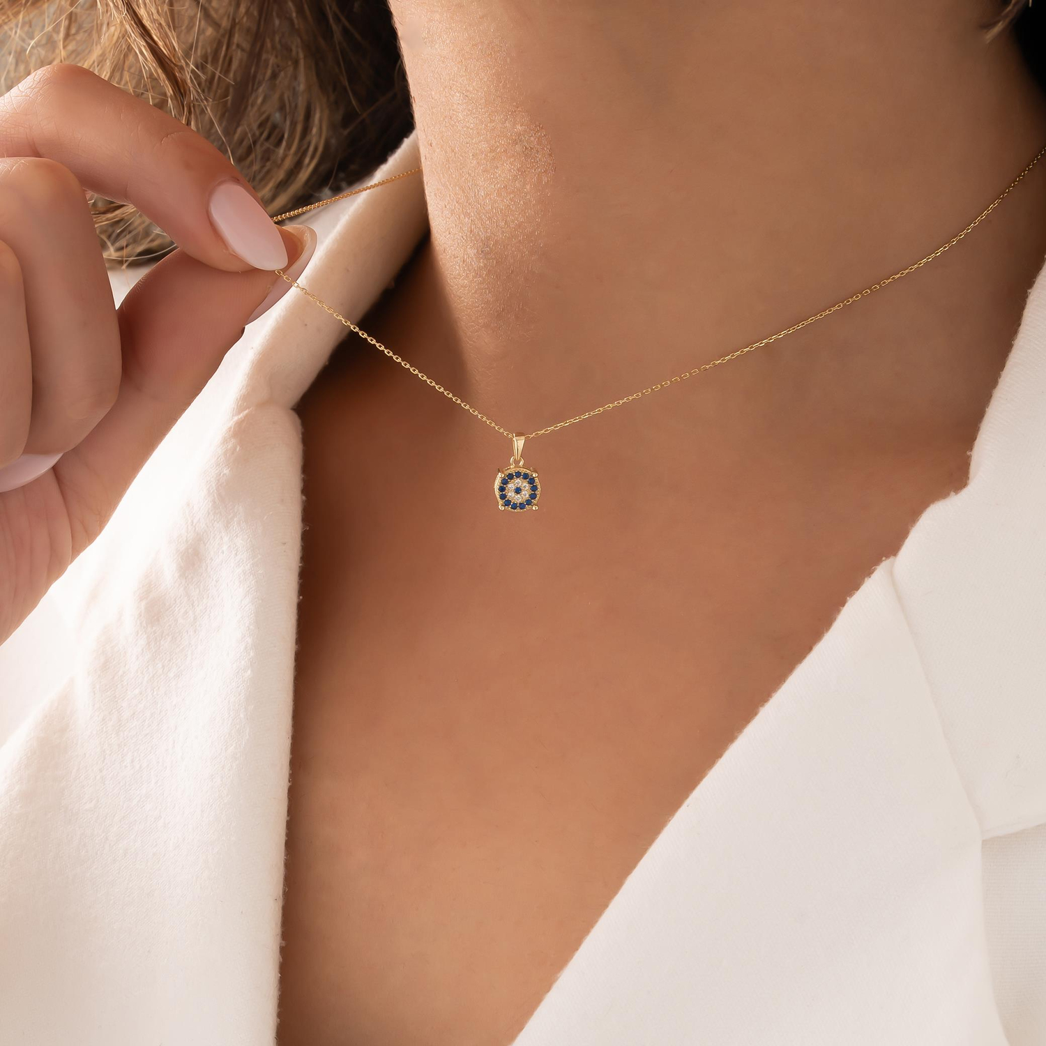 Taşlı Nazar Boncuğu 14 Ayar Altın Kolye