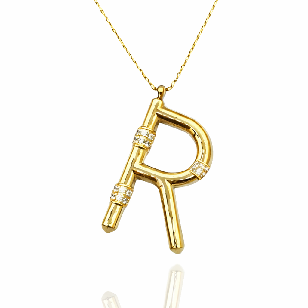 Taşlı R Harfi 14 Ayar Altın Kolye