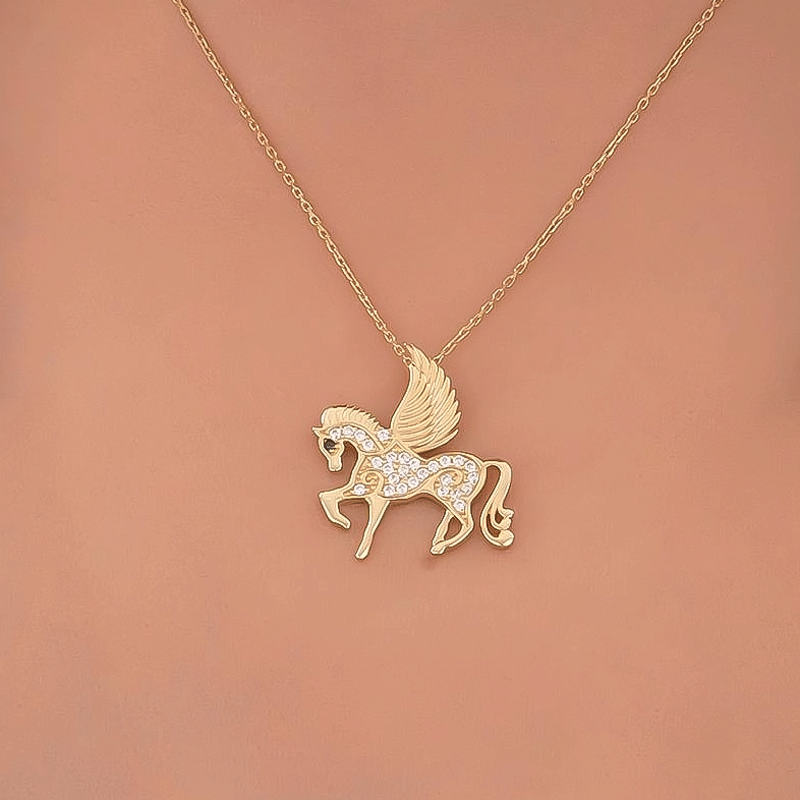 Taşlı Unicorn 14 Ayar Altın Kolye