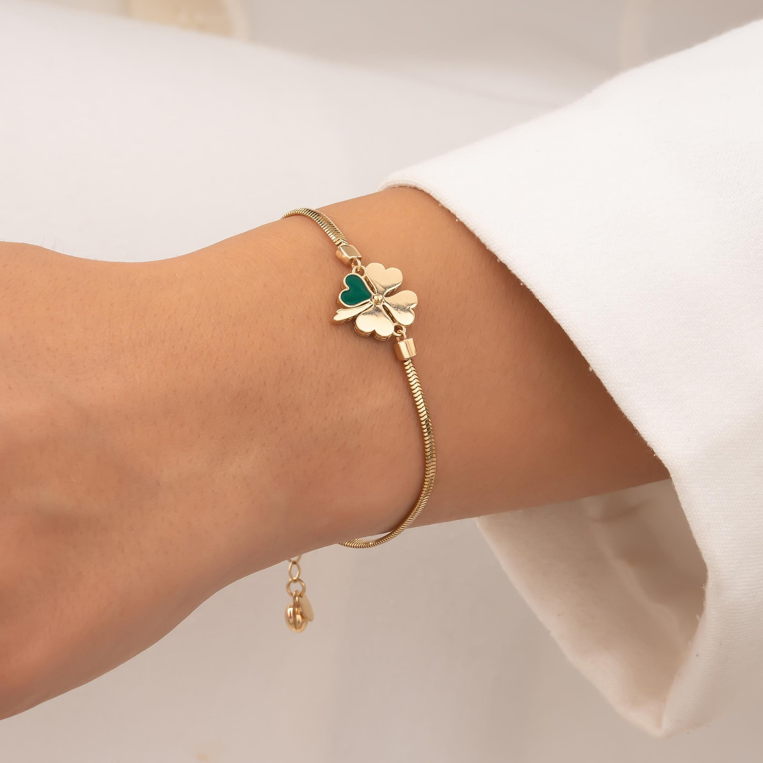 Yeşil Mineli Yonca Balıksırtı 14 Ayar Altın Bileklik