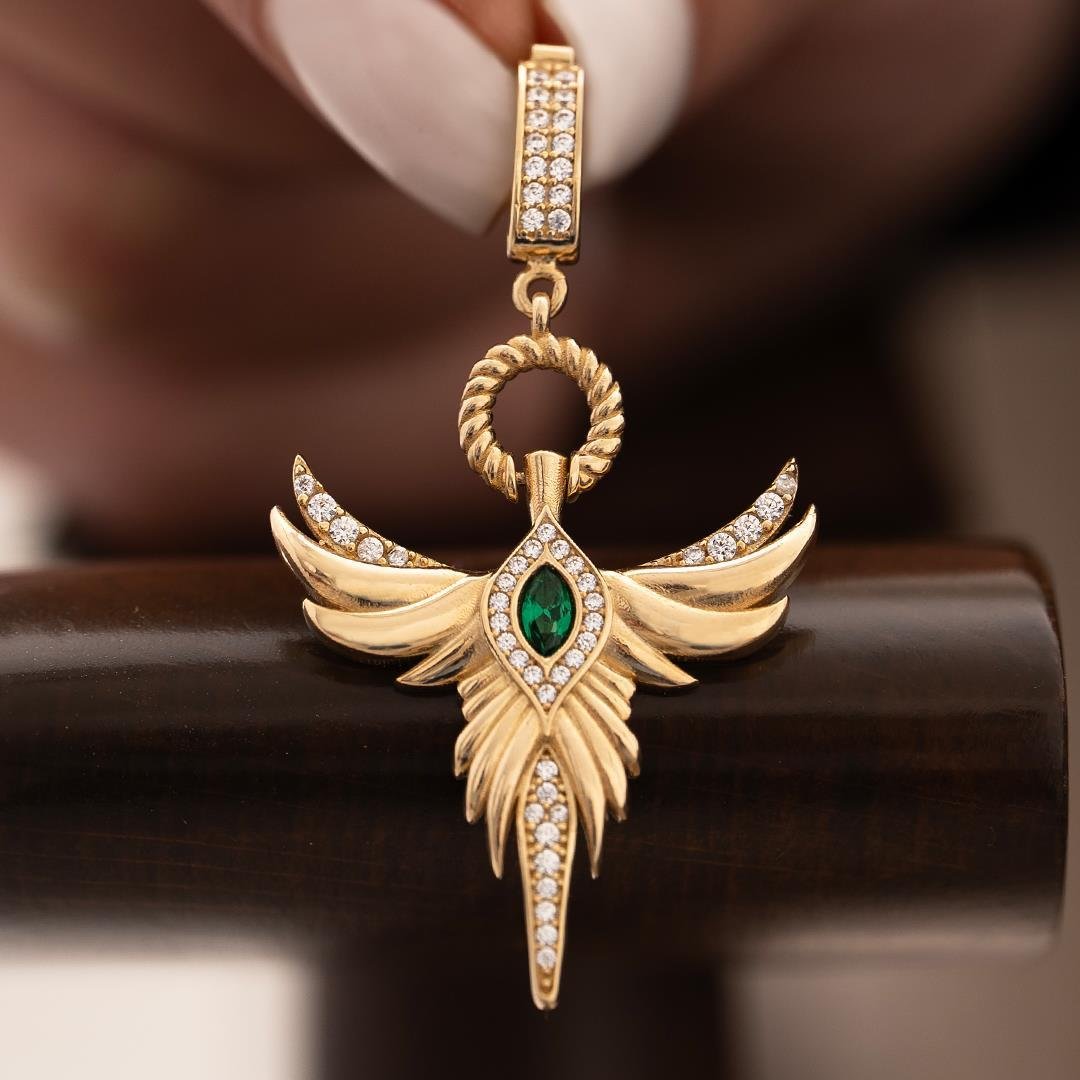 Yeşil Taşlı Anka Kuşu Kolye Ucu 14 Ayar