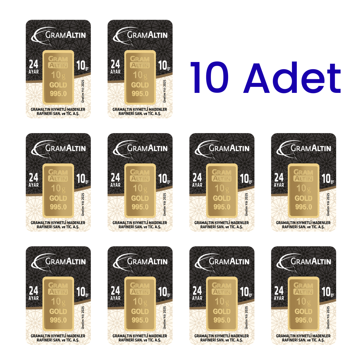 10 Adet 10 Gr 24 Ayar Gram Altın