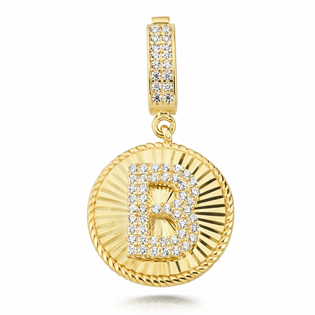 B Harfi Taşlı Yuvarlak 14 Ayar Kolye Ucu