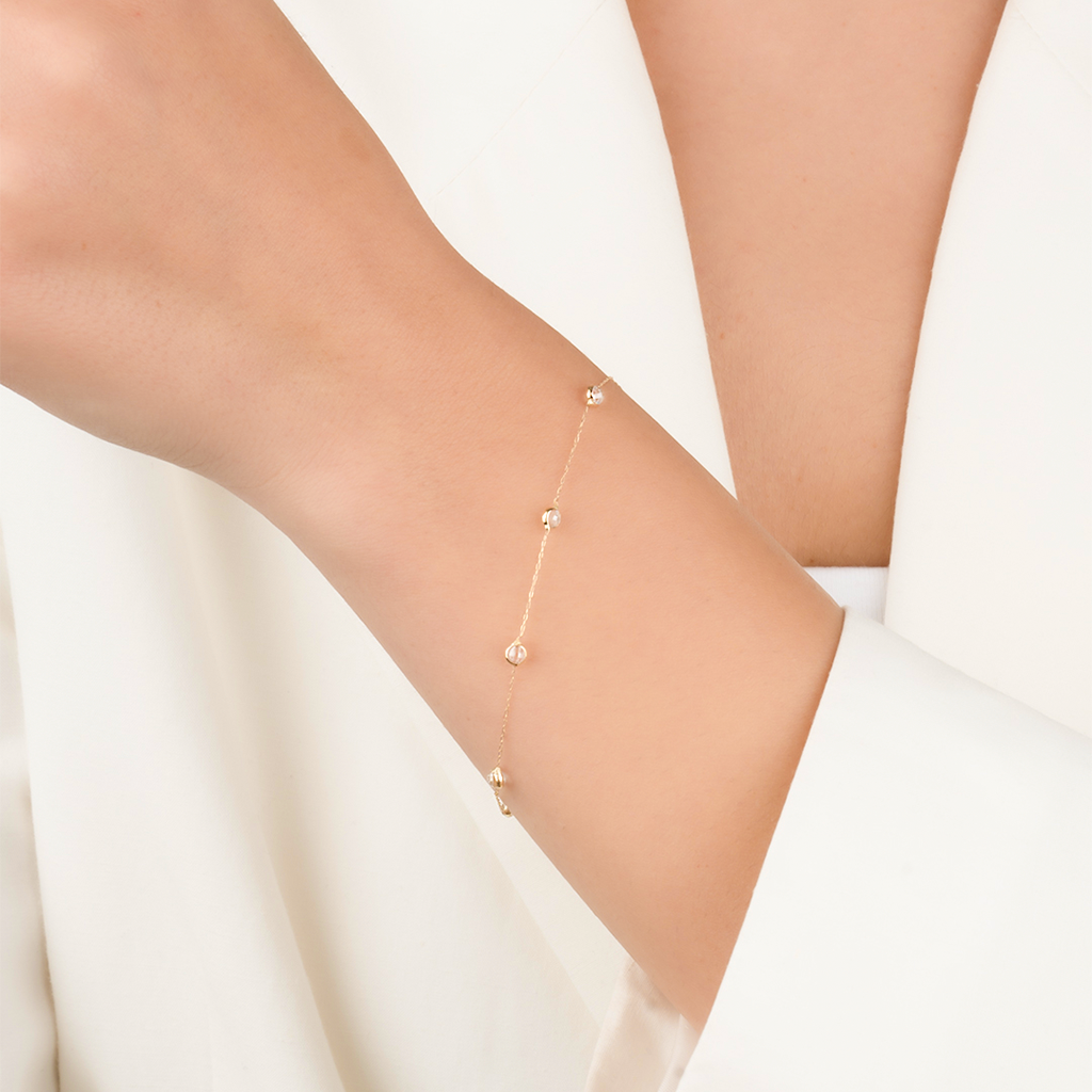 Beyaz Taşlı 14 Ayar Altın Minimal Bileklik