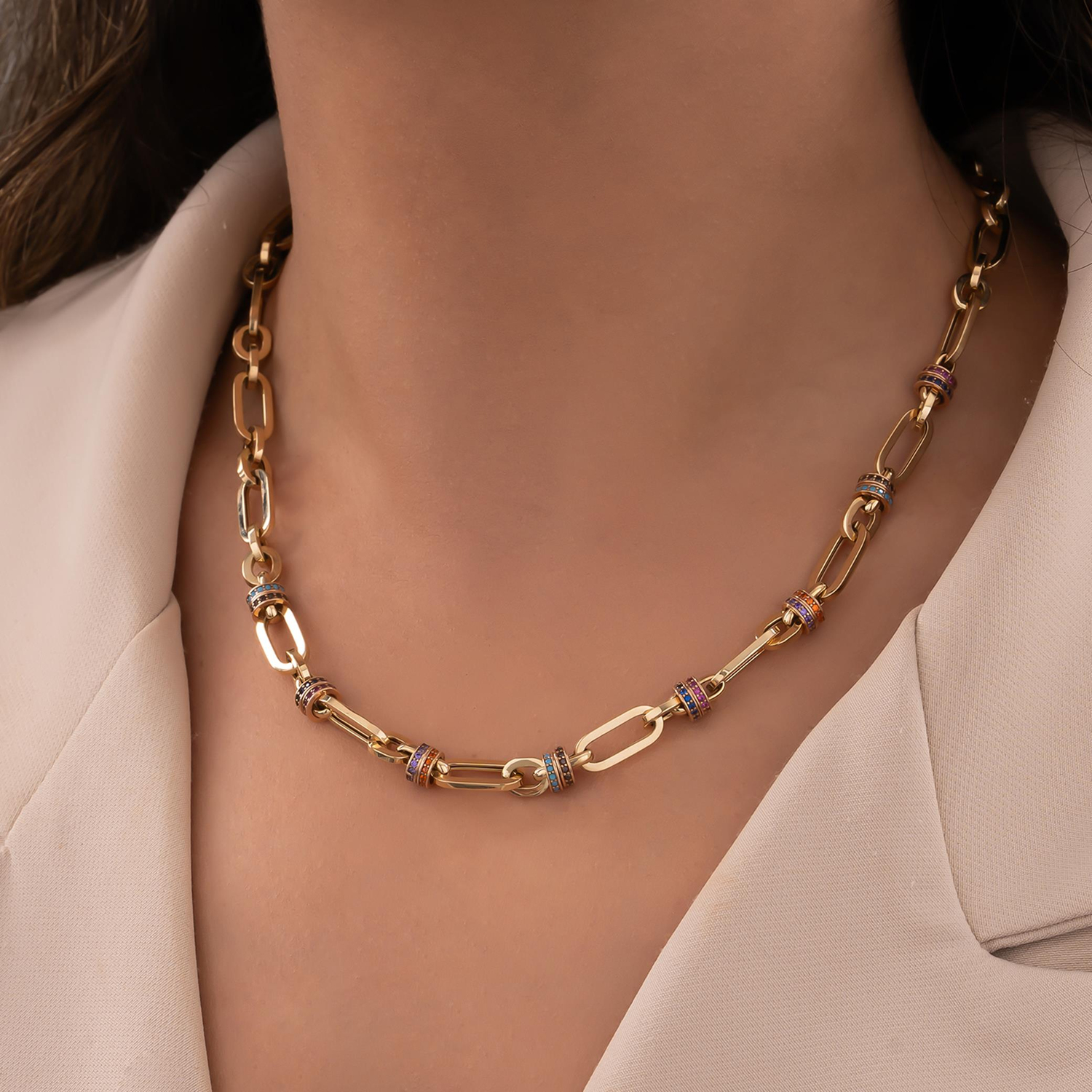 Cetaş Renkli Taşlı Ataç 14 Ayar Altın Kolye