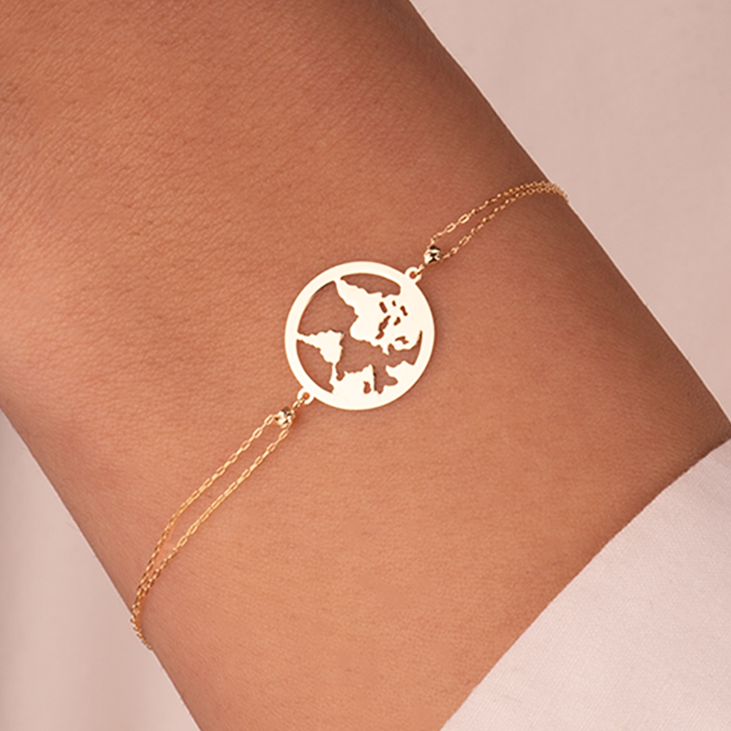 Dünya Motifli 14 Ayar Altın Minimal Bileklik