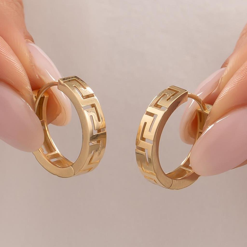 Grek Desenli Halka Küpe 14 Ayar Altın