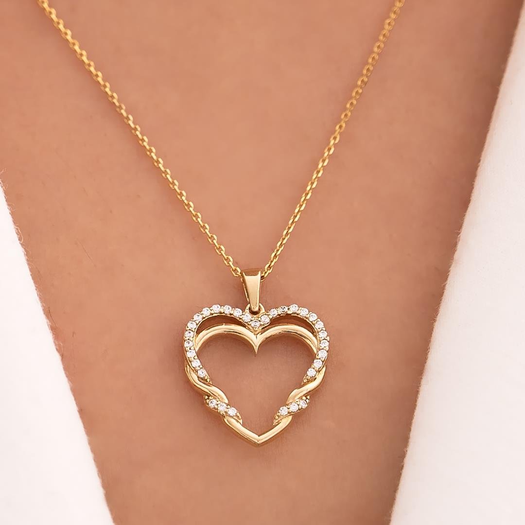 İkili Kalpli Tasarım 14 Ayar Altın Kolye