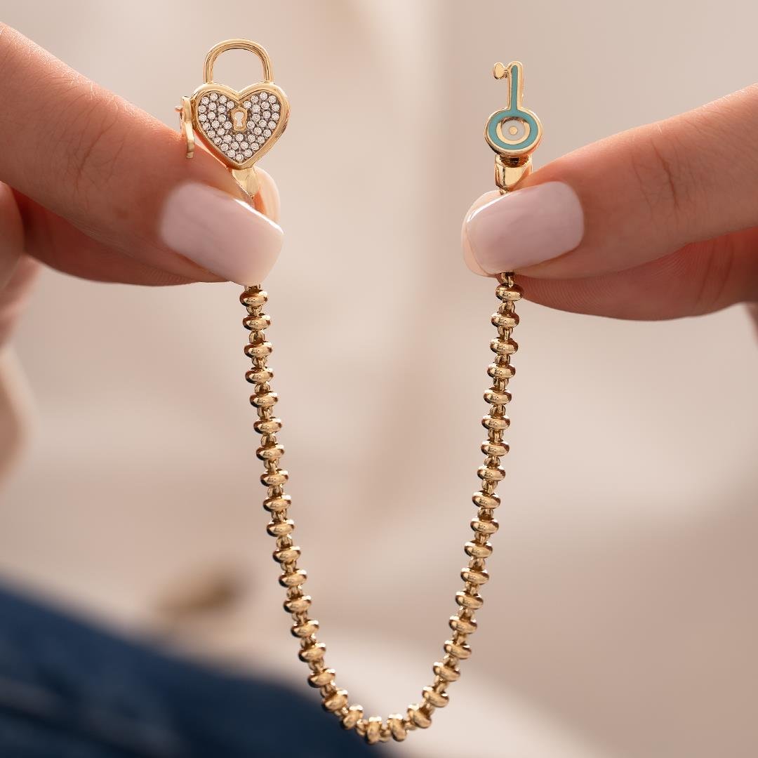 Kalp Kilit Mavi Mineli 14 Ayar Altın Bileklik