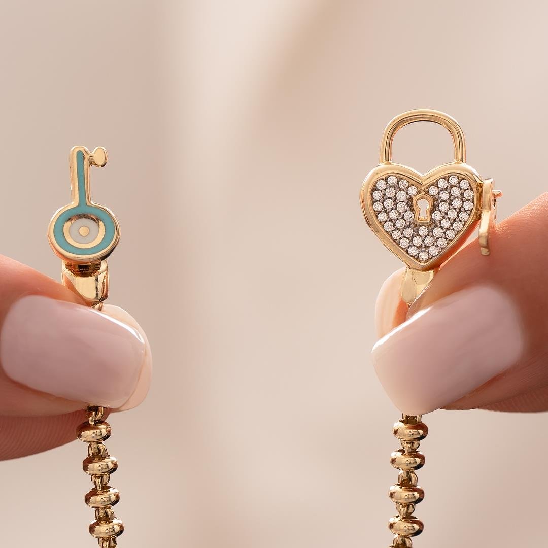 Kalp Kilit Mavi Mineli 14 Ayar Altın Bileklik