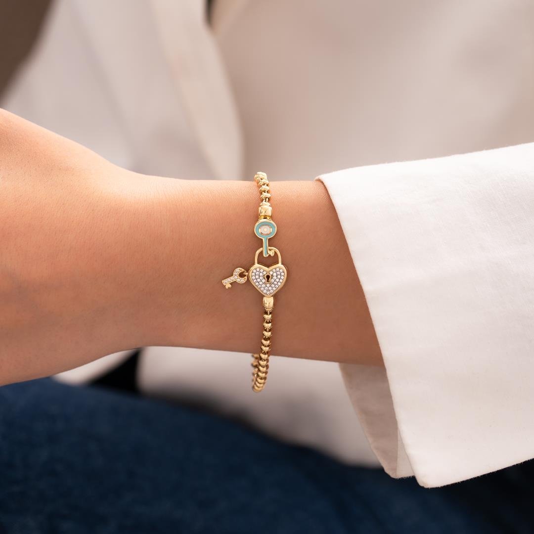 Kalp Kilit Mavi Mineli 14 Ayar Altın Bileklik