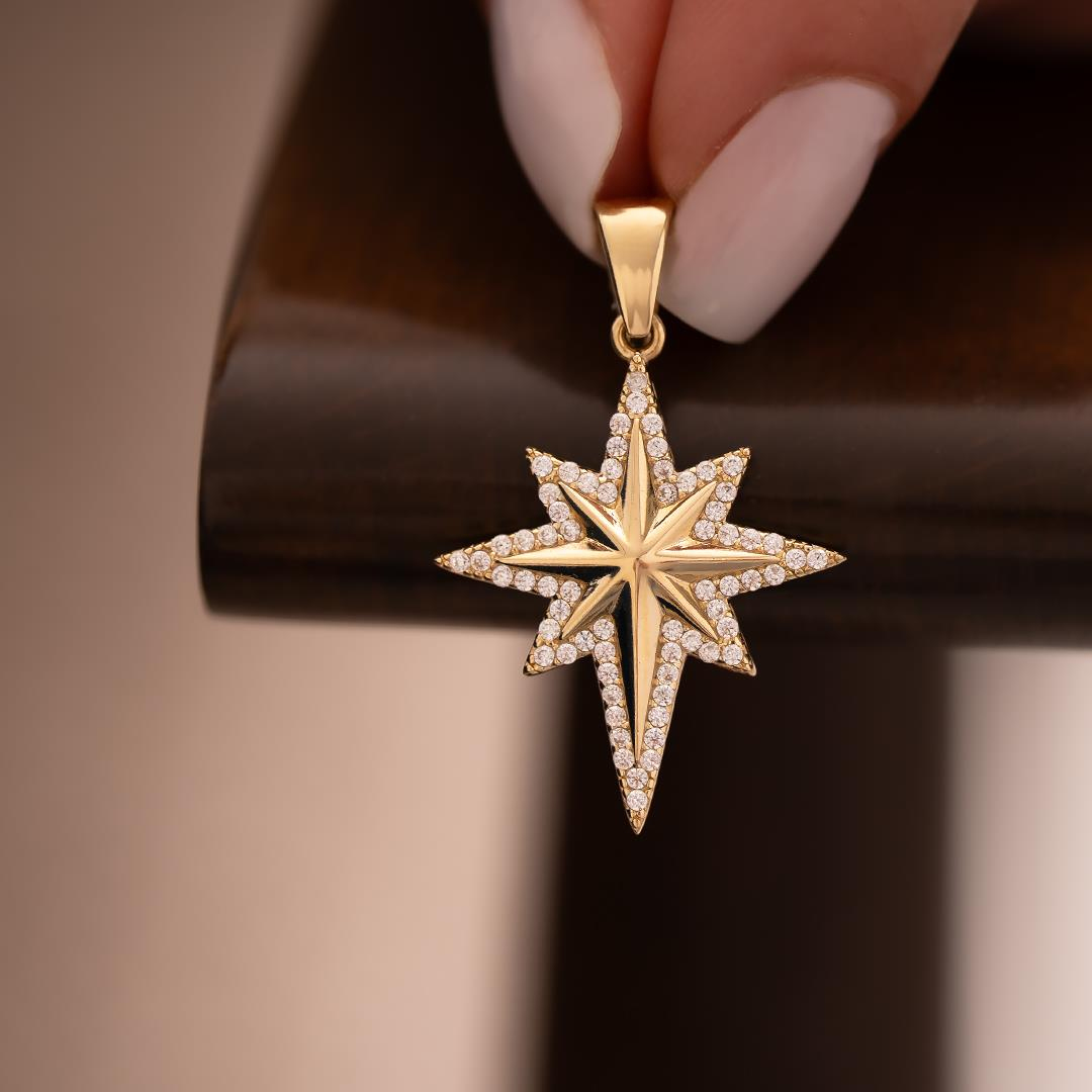 Kenarı Taşlı Kuzey Yıldızı 14 Ayar Kolye Ucu