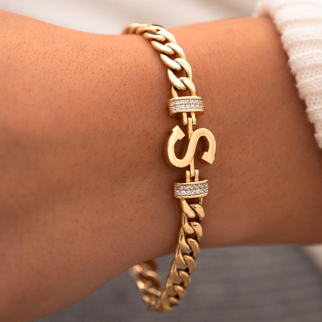 Kenarları Taşlı S Harfli 14 Ayar Altın Bileklik