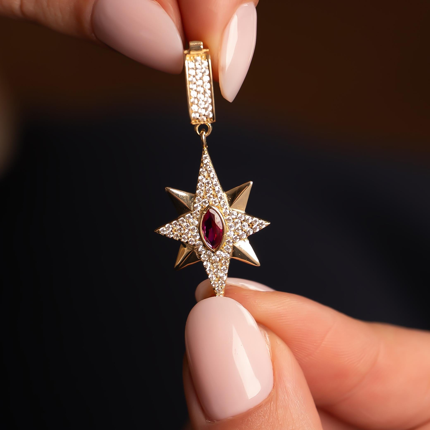 Kırmızı Taşlı Kuzey Yıldızı 14 Ayar Kolye Ucu