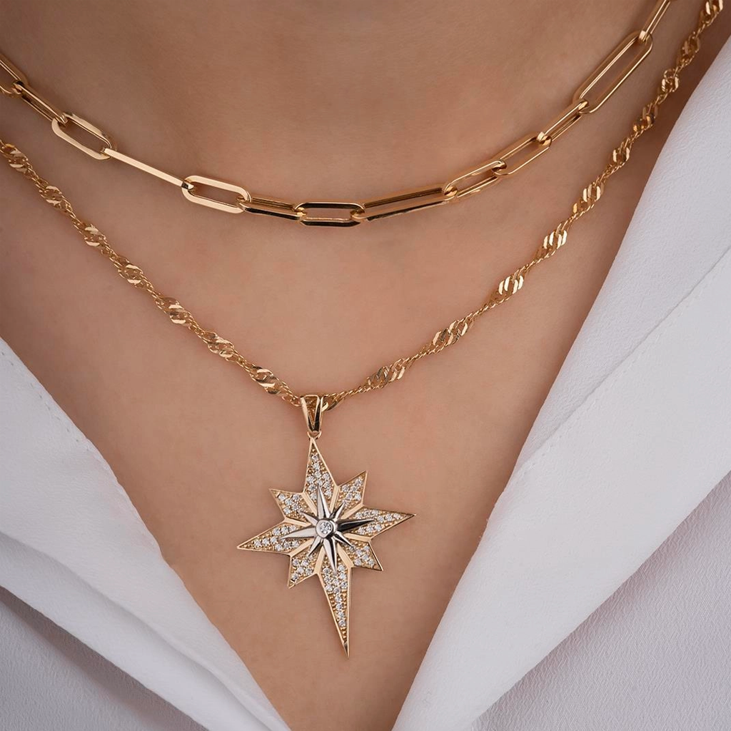 Kutup Yıldızı Taşlı 14 Ayar Kolye Ucu 4 Cm