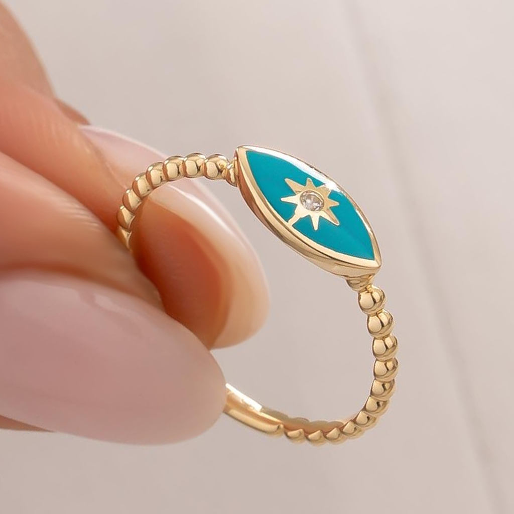 Mavi Mineli 14 Ayar Altın Yüzük