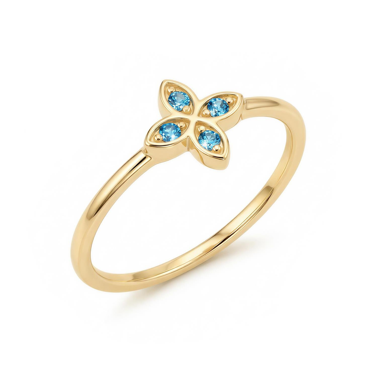 Mavi Taşlı Çiçek 14 Ayar Altın Yüzük