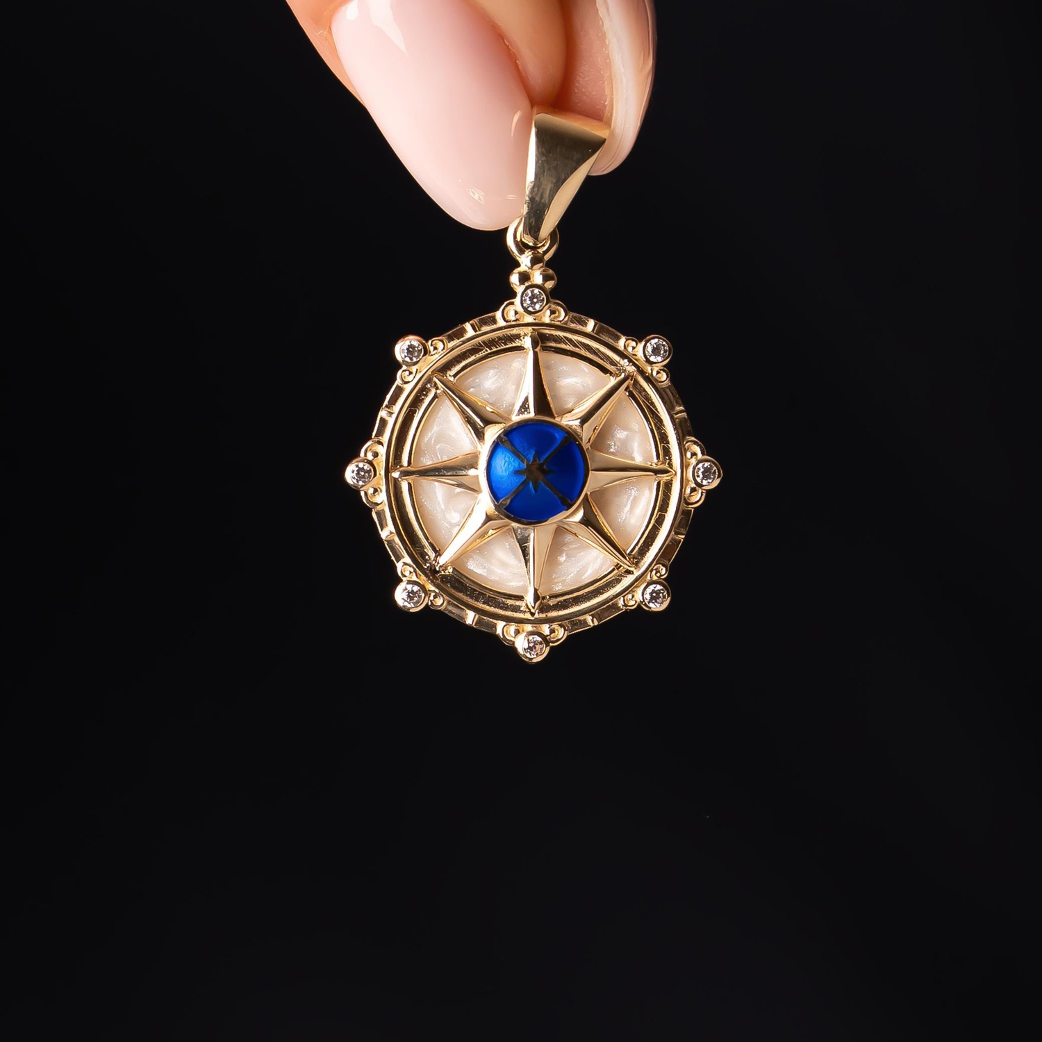 Mavi Taşlı Pusula 14 Ayar Kolye Ucu