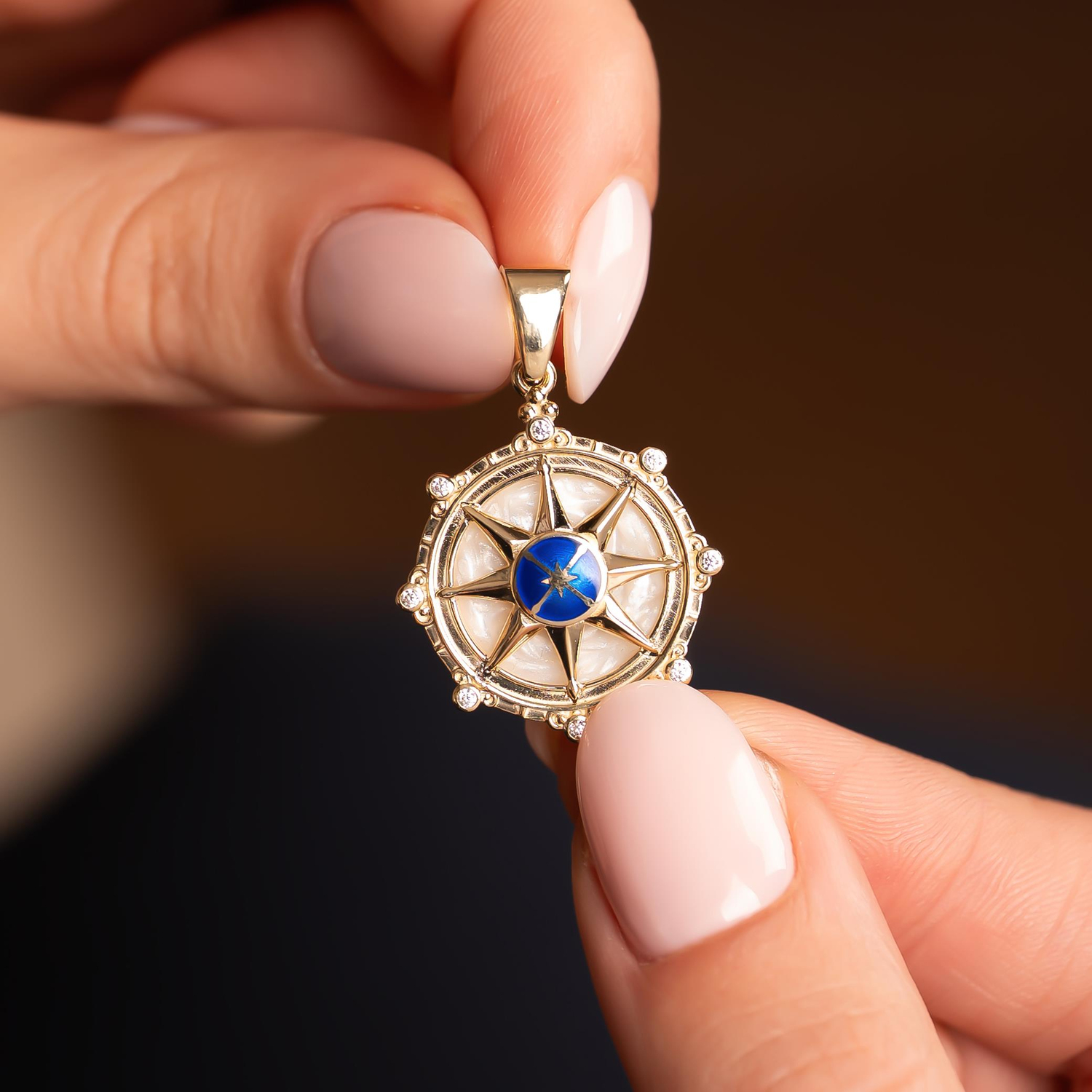 Mavi Taşlı Pusula 14 Ayar Kolye Ucu