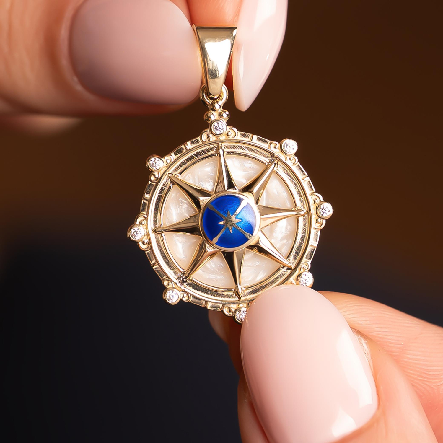 Mavi Taşlı Pusula 14 Ayar Kolye Ucu