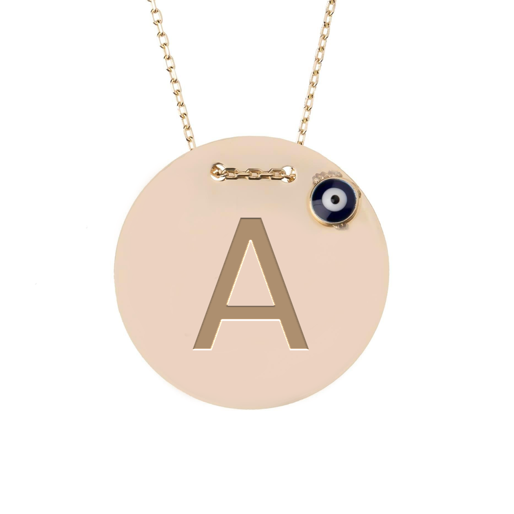 Nazar Boncuklu A Harfi Plaka 14 Ayar Altın Kolye