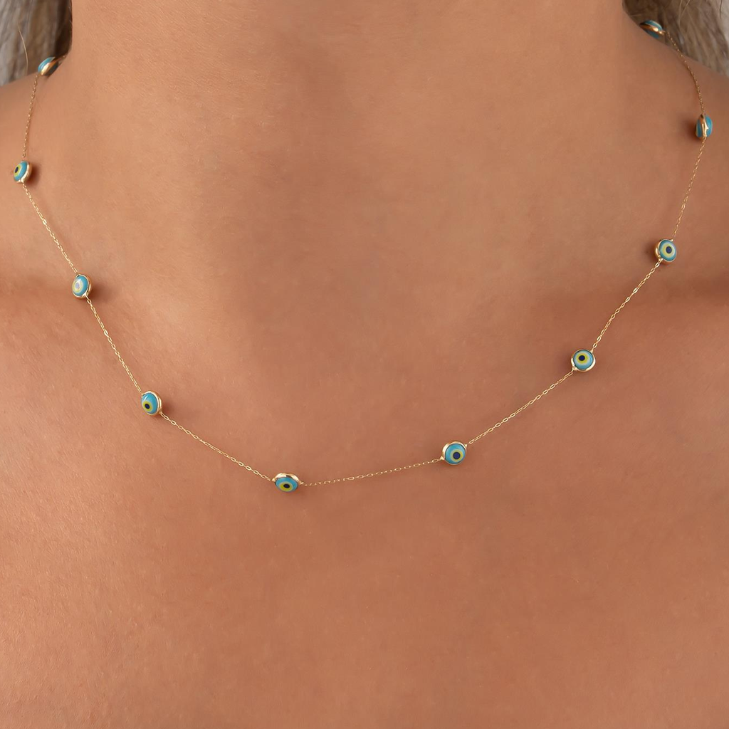 Nazar Boncuklu Minimal 14 Ayar Altın Kolye