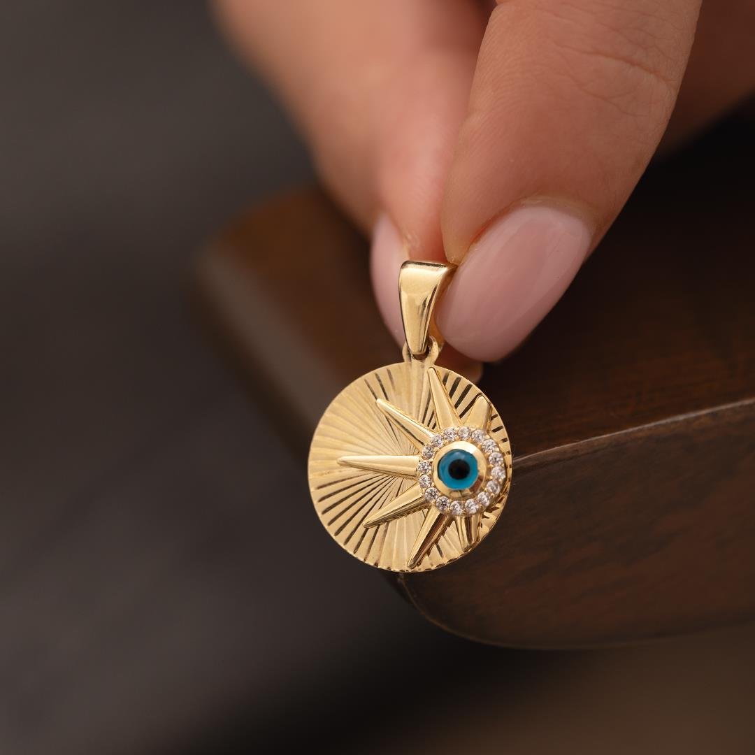 Nazar Boncuklu Taşlı Yuvarlak 14 Ayar Kolye Ucu