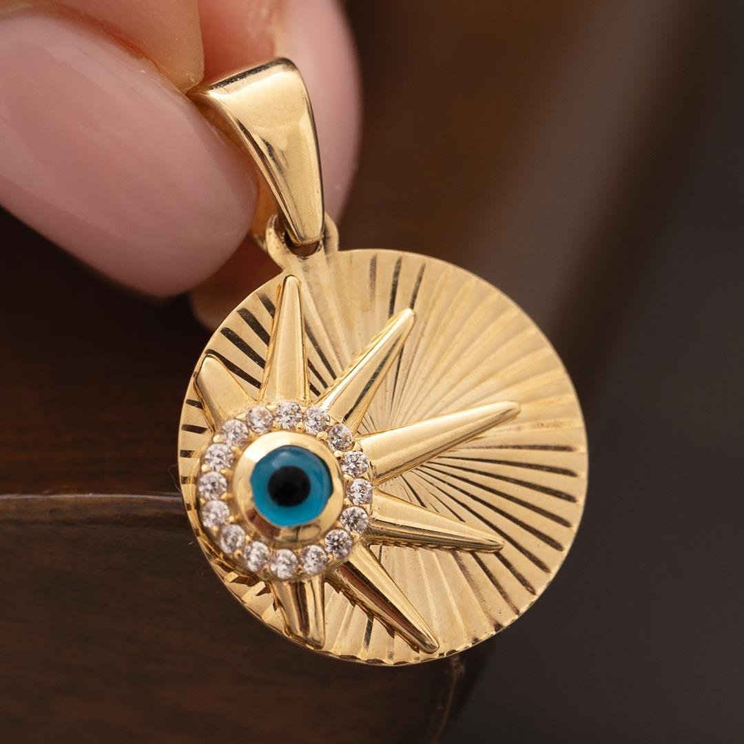 Nazar Boncuklu Taşlı Yuvarlak 14 Ayar Kolye Ucu