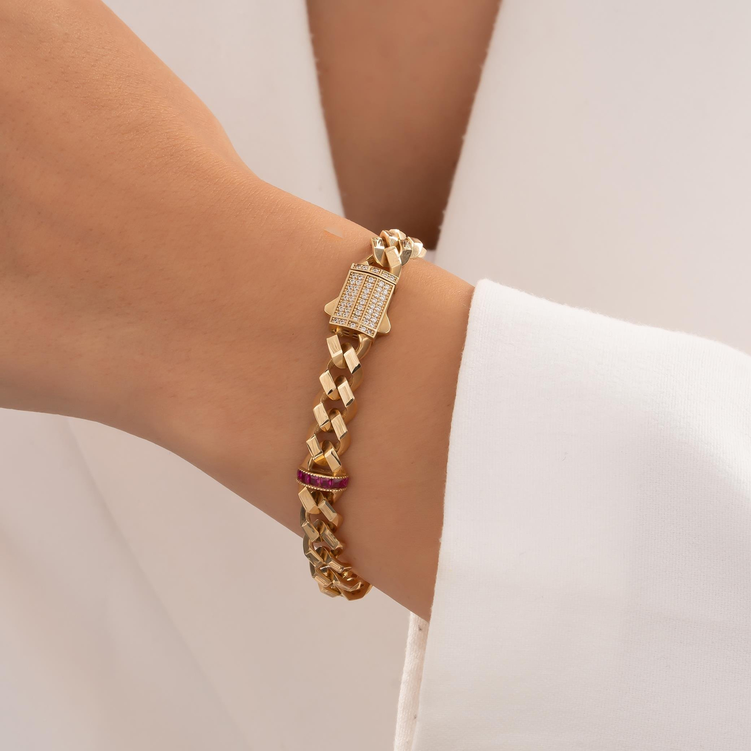 Pembe Taşlı 14 Ayar Altın Gurmet Bileklik