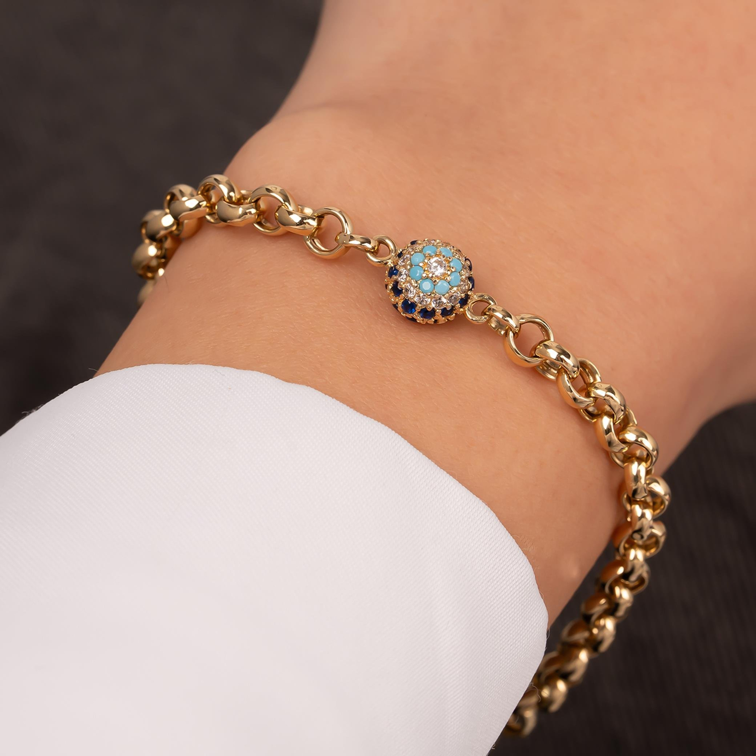 Renkli Taşlı Nazar Boncuğu 14 Ayar Altın Bileklik